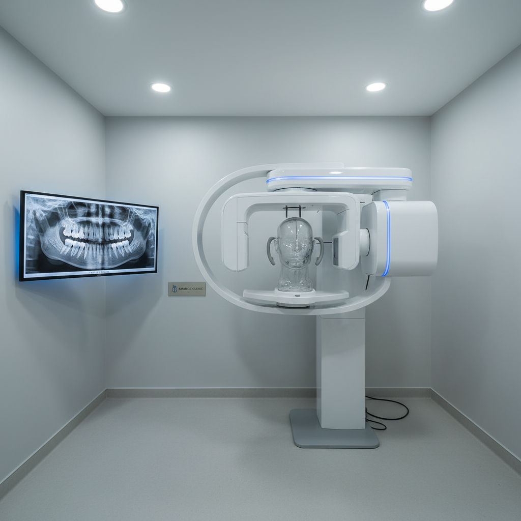 A high-tech diagnostic setup showcasing a panoramic dental X-ray unit with smooth white panels and subtle blue LED indicators, its curved arm encircling an empty transparent head form for demonstration. Nearby, a wall-mounted, ultra-high-resolution monitor shows a crisp panoramic radiograph with clearly visible roots and sinuses in cool grayscale. The room is minimalist, with soft gray walls and a matte floor, illuminated by evenly distributed cool-white ceiling lights that eliminate glare. Photographic realism with a slightly wide-angle lens and centered composition emphasizes symmetry and cutting-edge technology. The mood is clinically advanced yet welcoming, underscoring precision diagnostics, early detection, and painless imaging at the Bareilly clinic.