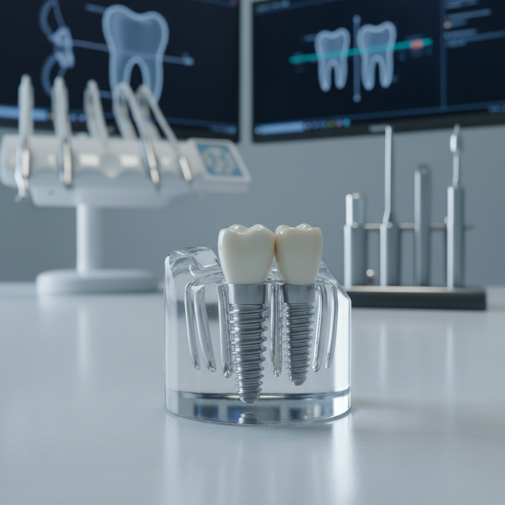 A close-up, photographic realistic view of a gleaming titanium dental implant model embedded in a transparent acrylic jawbone, each thread of the implant sharply defined and metallic, with a perfectly shaped ceramic crown above, glossy and natural in color. The model rests on a smooth, light-gray countertop in a minimalist consultation room, with softly blurred digital monitors and dental tools in the background. Cool, diffused studio lighting from the upper left creates gentle reflections on the metal and subtle highlights on the crown. Shot with a shallow depth of field and centered composition, the mood is highly professional, precise, and reassuring, emphasizing advanced implant dentistry and long-term stability.