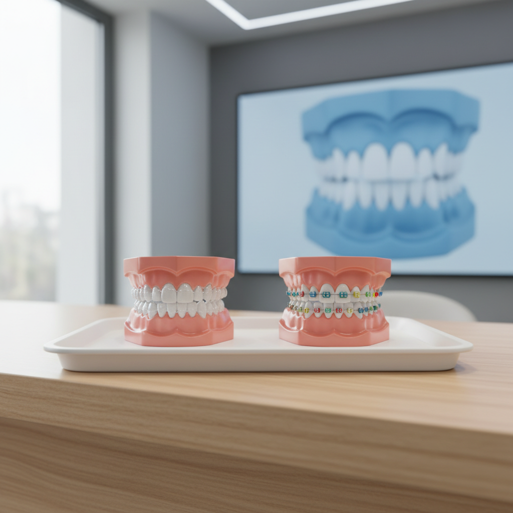A bright, inviting orthodontic display featuring a set of clear aligners and colorful traditional braces mounted on two separate, realistic dental models with detailed enamel texture and gum contours, placed on a pristine white tray atop a light-wood consultation desk. Behind them, a softly out-of-focus screen shows a 3D rendering of a perfectly aligned smile in soft blues and whites. Natural daylight from a large side window mixes with gentle overhead LEDs, creating balanced, shadow-free illumination. Photographic realism from a slightly elevated angle, using the rule of thirds to highlight both options equally, the atmosphere is educational and hopeful, suggesting painless, customized orthodontic care for all ages.