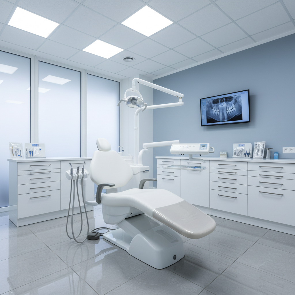 A spotless, modern dental treatment room centered around a sleek white dental chair with smooth, padded upholstery and polished chrome armrests, surrounded by compact cabinetry with soft-closing drawers and neatly arranged instruments sealed in transparent sterile pouches. A digital X-ray screen displays a clear, detailed tooth image on a pale blue interface. The space is bathed in diffused, cool-white overhead lighting that eliminates harsh shadows, creating a calm, clinical yet welcoming atmosphere. Photographic realism at eye level, with a wide-angle lens capturing the full room, emphasizing cleanliness, advanced technology, and a painless-care environment, with a subtle depth of field keeping all equipment in sharp, reassuring focus.