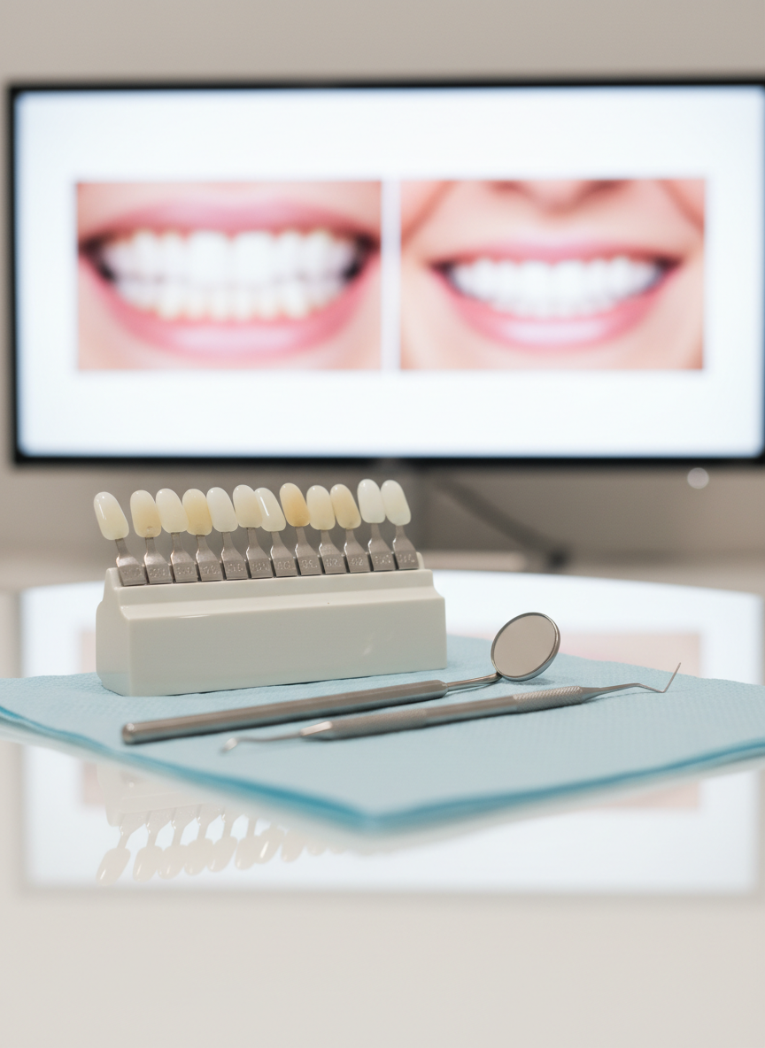 An elegant cosmetic dentistry vignette with a shade guide fan of porcelain veneers spread open beside a polished dental mirror and explorer, all resting on a folded, pale-blue dental napkin atop a glossy white surface. In the softly blurred background, a large monitor displays before-and-after teeth images with brighter, more harmonious smiles. Soft, diffused studio lighting from both sides creates delicate reflections on the metal instruments and subtle gradients on the veneer tabs. Captured in photographic realism with a shallow depth of field and close-up framing, the scene feels aspirational, meticulous, and refined, emphasizing smile makeovers, teeth whitening, and aesthetic harmony without any sign of discomfort or invasive procedures.