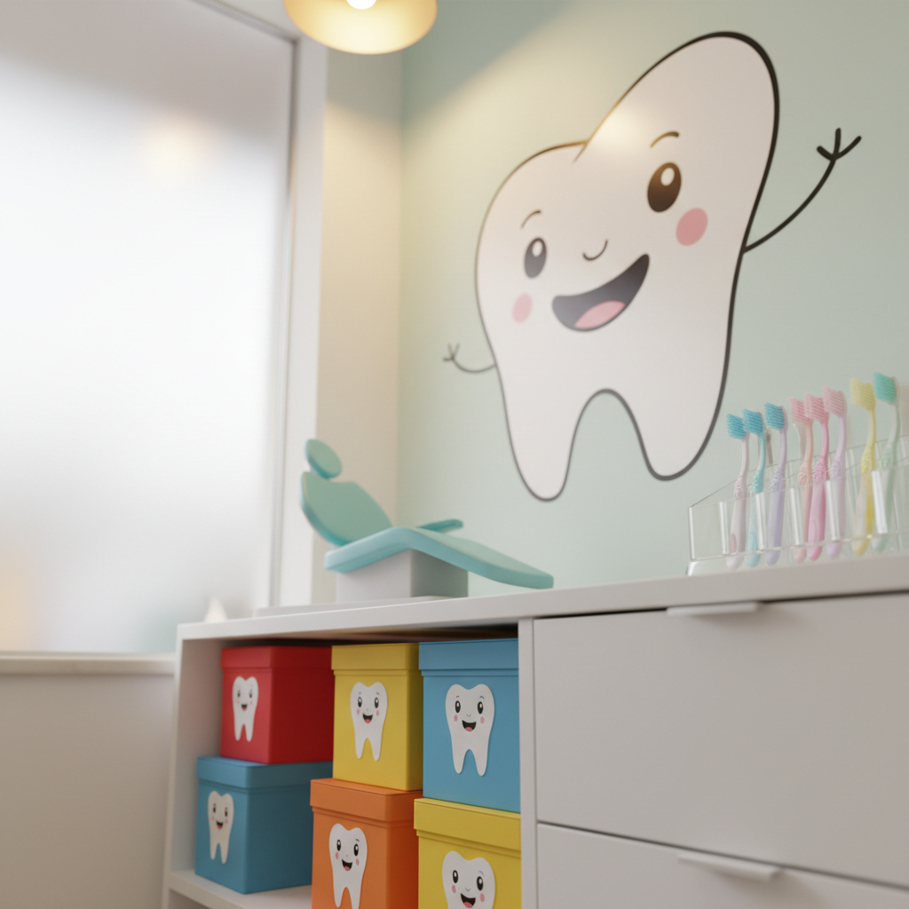 A serene pediatric-focused dental corner featuring a small, turquoise dental chair model placed on a low white cabinet, surrounded by neatly stacked, brightly colored tooth-shaped storage boxes and a large, smiling cartoon tooth decal on the pale mint-green wall. A row of soft, pastel-colored plastic toothbrushes stands upright in a translucent organizer, their bristles finely detailed. Gentle natural light filters through a frosted window, blending with warm overhead lighting to create a cozy, fear-free atmosphere. Captured in photographic realism from a low, childlike eye-level perspective, with moderate depth of field, the composition feels playful yet clean, emphasizing painless, friendly dental care for children without any intimidating equipment visible.