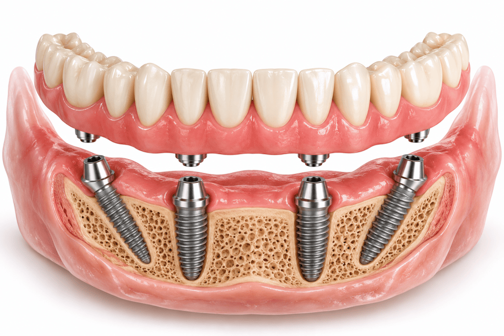 3D illustration of All-on-4 dental implants supporting a full-arch fixed bridge in the lower jaw.